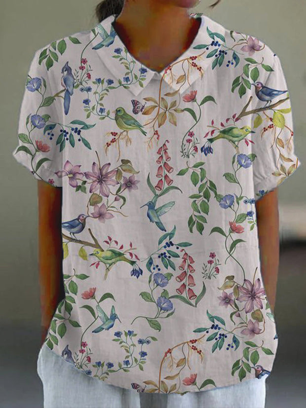 Women's Birds Floral Print Casual Cotton And Linen Shirt