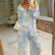 Colordate Women's Yellow Fresh Flowers Print Cotton Cardigan Homewear Set