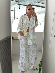 Petal Kisses Women's Floral Bow Print Casual Homewear Set
