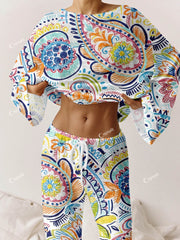 Women's Bohemian Art Print Long Sleeve Pajama Set