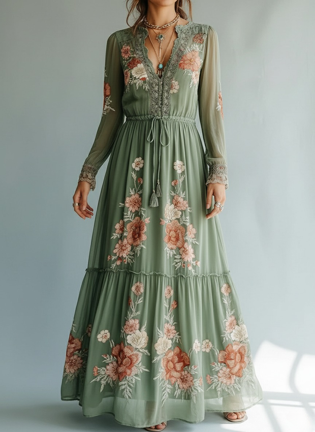 Green Floral Embroidery Maxi Dress with Lace Details and Sheer Sleeves