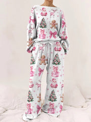 Women's Pink Christmas Print Long Sleeve Lounge Set