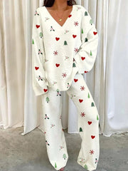Women's Christmas Heart Print Home V Neck Long Sleeve Suit