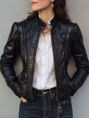 Classic Stand Collar Crocodile Leather Jacket