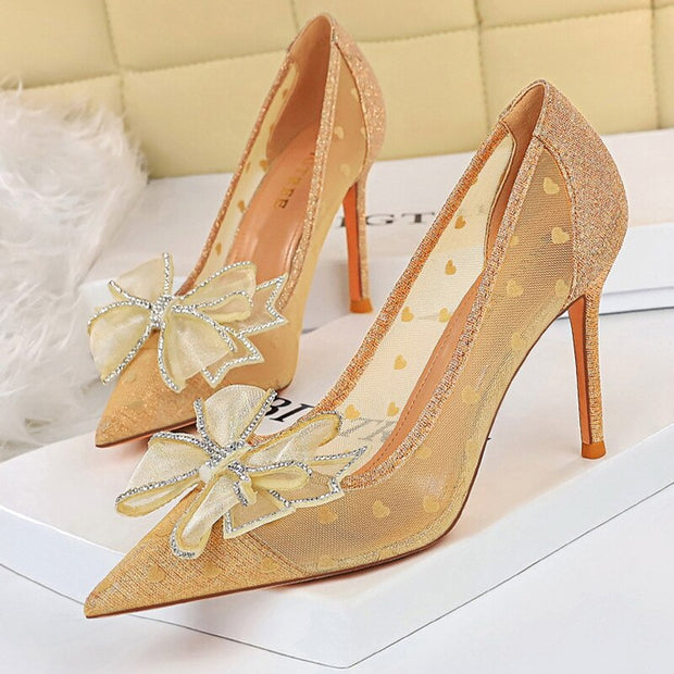 Shoes Bow-knot Women Pumps Mesh Hollow High Heels Rhinestone Stiletto Women Heels Sexy Party Shoes Women Sandals 2022