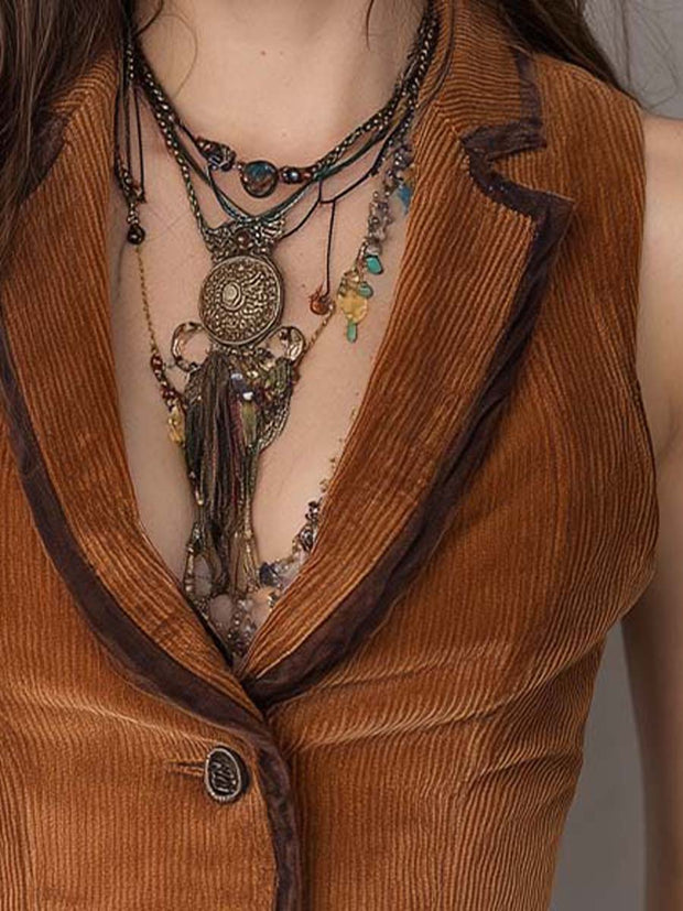 Retro Bohemian Contrast Piping Corduroy Slim Vest