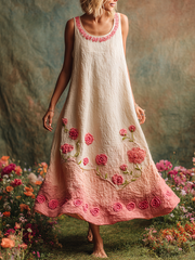 Pink Floral Embroidered Gradient Linen Tank Maxi Dress