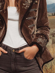 Vintage Bohemian Style Velvet Lapel Embroidered Double-breasted Jacket