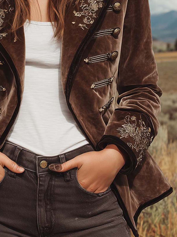 Vintage Bohemian Style Velvet Lapel Embroidered Double-breasted Jacket