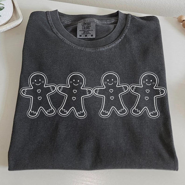 Christmas  Gingerbread Man Washed Cotton Crew Neck T-Shirt