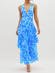 Plunge neck floral tiered maxi dress