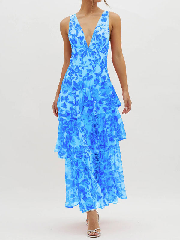 Plunge neck floral tiered maxi dress