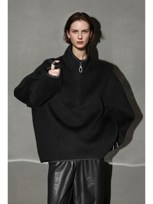 Oversized Camel Hair Sweatshirt Coat for Women – Stand Collar Double-Faced Wool Jacket with Minimalist Luxe Style