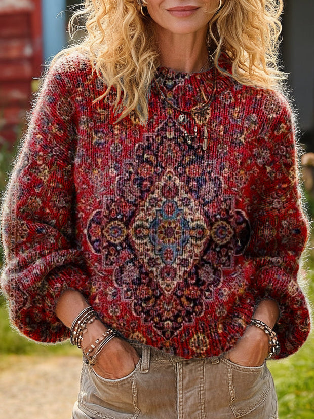 Retro Ethnic Floral Art Print Knitted Pullover Sweater