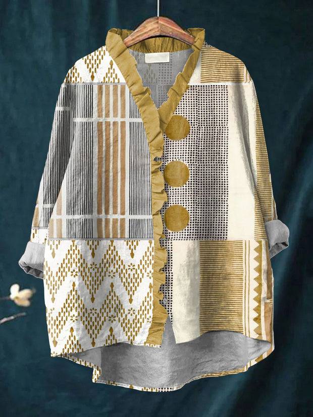 Women's Vintage Abstract Geometric Art Print Casual Cotton And Linen Ruffle Shirt