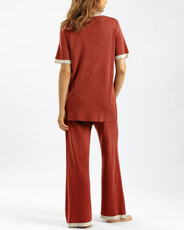 Contrast color short-sleeved top and wide-leg pants two-piece set