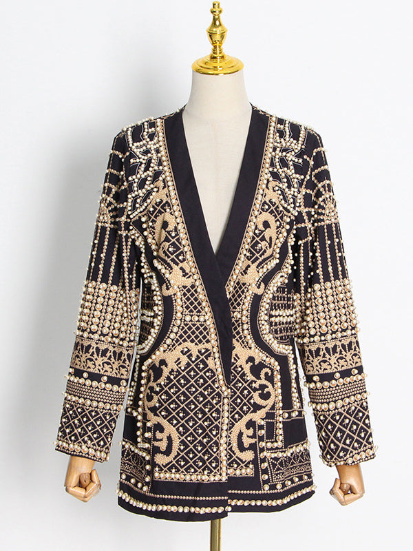 Long Sleeves Loose Beads Printed V-Neck Blazer Outerwear