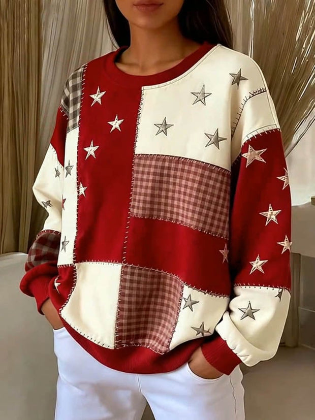 Women'S Casual Round Neck Contrast Color Stitching Plaid Sweatshirt