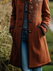 Retro Contrast Color Trim Embroidery Woolen Polyester Mid-Length Jacket