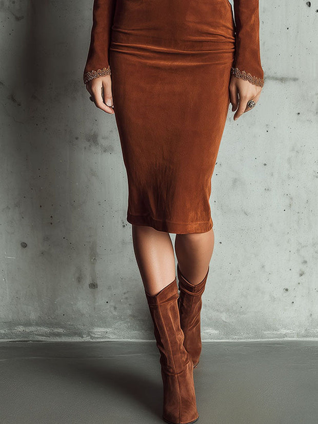 Retro V-Neck Brown Miscrosuede Lace Trim Midi DressWith Pleated Waist