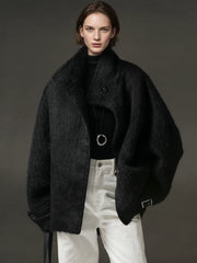 Alpaca Wool Biker Jacket for Women – Stand Collar Suoli Alpaca Coat with Luxe Textured Finish, Winter Chic Outerwear