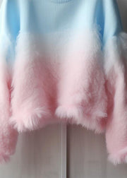 Chic Gradient Color Fluffy Patchwork Cozy Cotton Knit Sweaters Fall