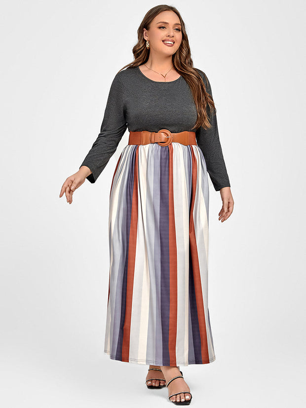 Plus Colorblock Striped Patchwork Pocket Maxi Dress Without Belt