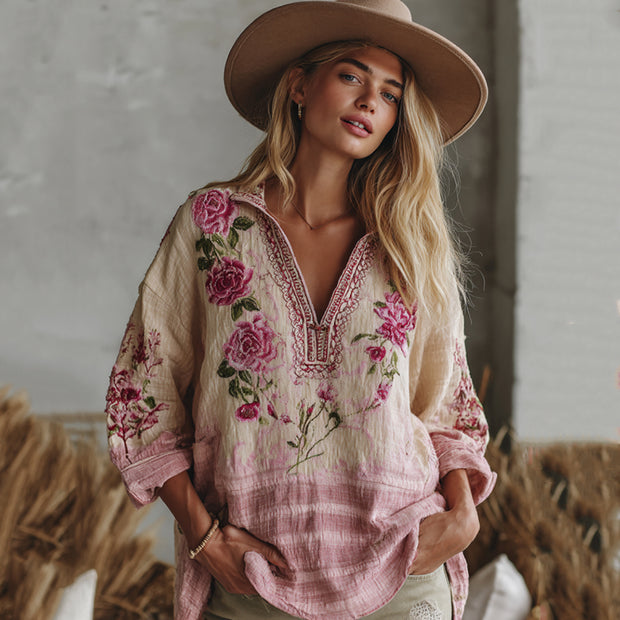 Love & Health Collection Retro Western Women Style Vintage Gradient Pink Striped And Floral Patchwork Art Linen Shirt