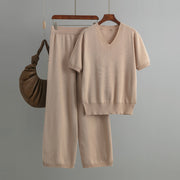 V-neck loose slit sweater straight-leg trousers two-piece set