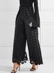 High Waisted Wide Leg Hollow Polka Dot Solid Color Pants Trousers