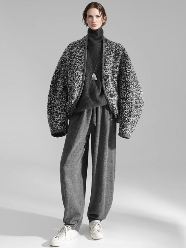 Old Money Style Batwing Sleeve Cardigan Coat for Women – Double-Faced Alpaca Wool Cape with Leather Trim and Speckled Dot Detail