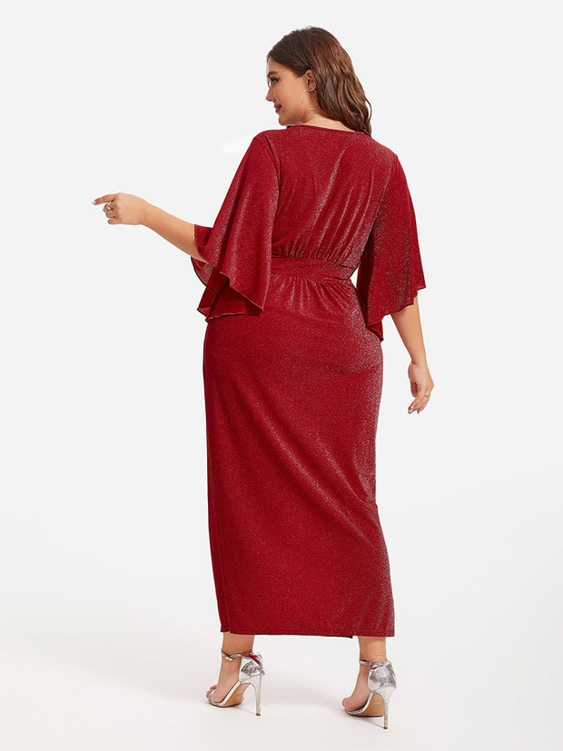 Flare Sleeve Ruched Waist Glitter Maxi Dress