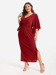 Flare Sleeve Ruched Waist Glitter Maxi Dress