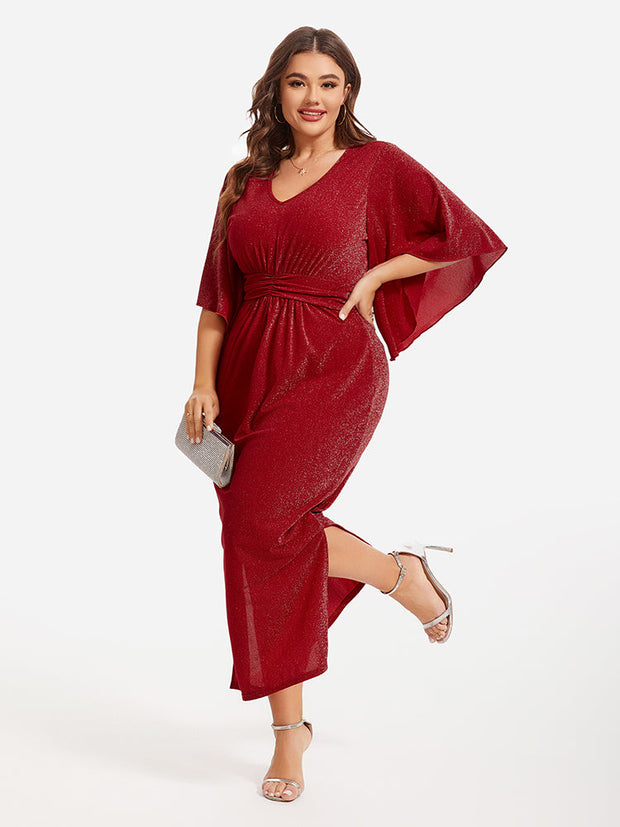 Flare Sleeve Ruched Waist Glitter Maxi Dress