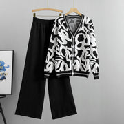 Leopard print knitted cardigan sweater wide-leg pants two-piece set