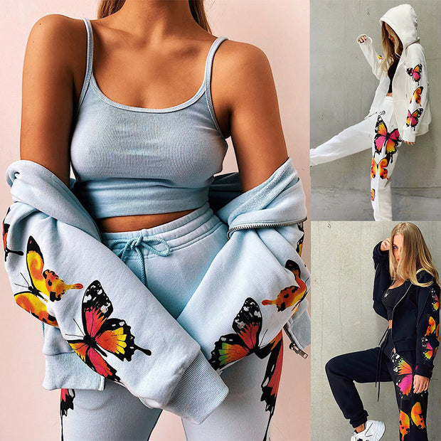 Fashion Butterfly Print Hooded Casual Sweatshirt Set