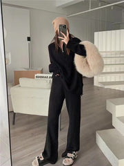 Stand Collar Knitted Sweater Wide Leg Pants Two Piece Set