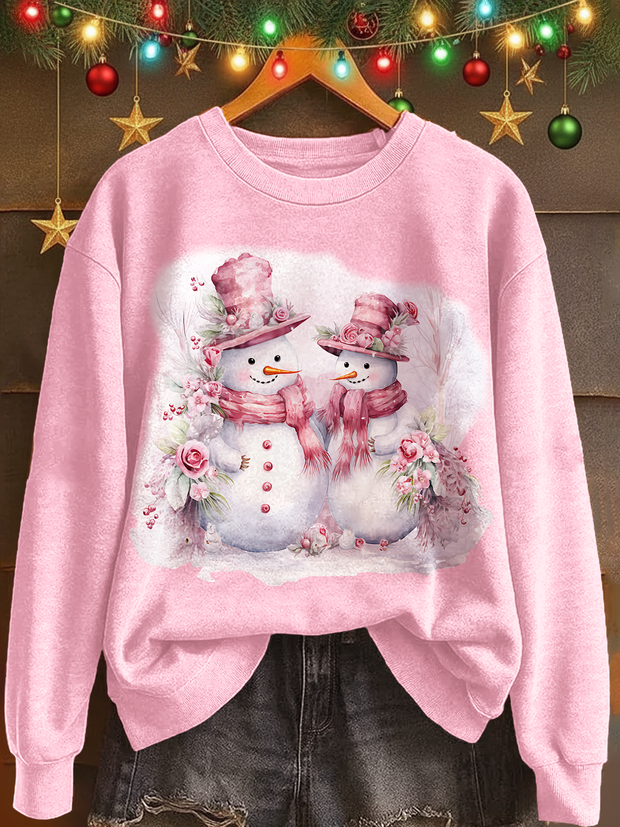 Winter Pink Snowman  Printed Long Sleeve Casual Top