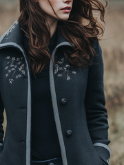 Retro Contrast Trim Floral Embroidery Woolen Polyester Mid-length Jacket