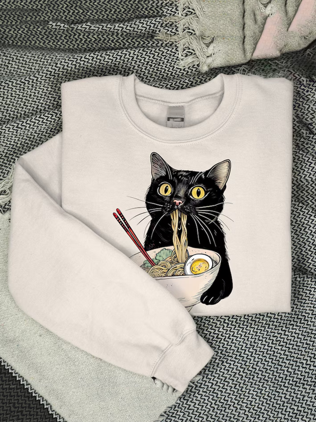 Vintage Black Noodle Cat Pattern Print Ladies Sweatshirt