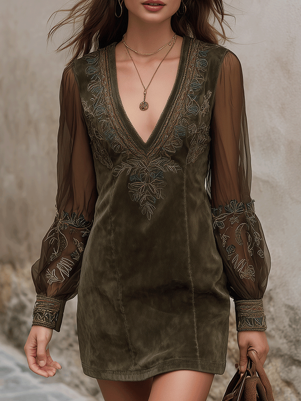 Bohemian Olive Suede Embroidered Mini Dress