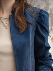 Retro Embroidered Puff Sleeve Suede Cropped Jacket