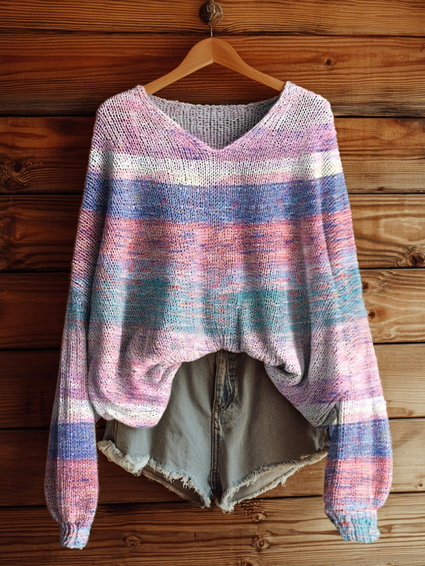 Women's Retro Stripe Print Casual V Neck Pullover Sweater