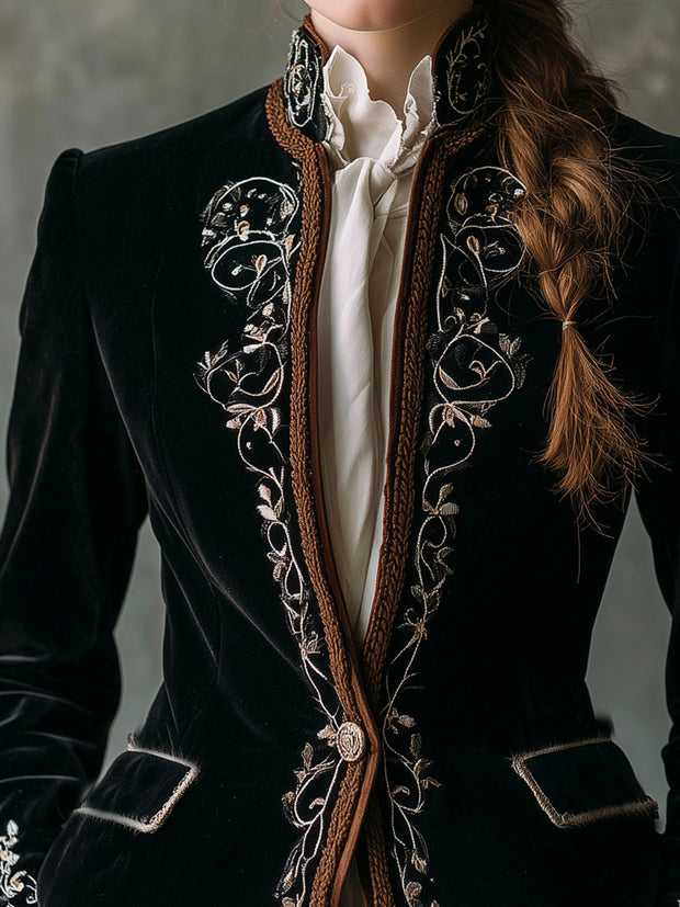 Elegant Black Luxurious Velvet Embroidered Tailored Jacket