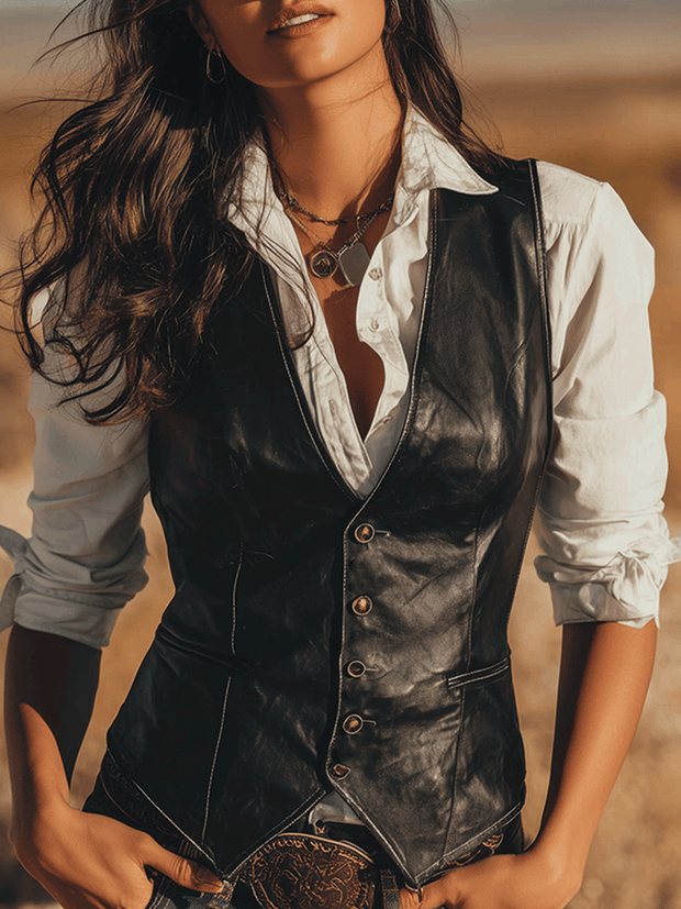Vintage Western Black Faux Leather Vest