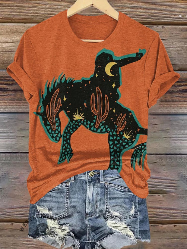 Orange Retro Wild West Cowboy Print T-Shirt