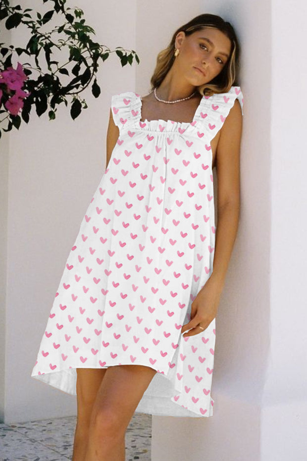 Women's Pink Hearts Printed Ruffle Mid-Length Nightgown