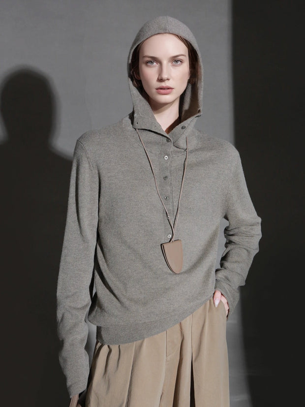 Henry Neck Half-Placket Wool Knit Hoodie – Vintage Relaxed Pullover Sweater for Women, Elegant Commuter Style