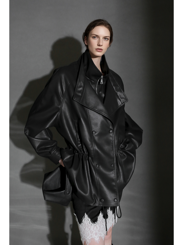 Double-Layer Collar Lambskin Leather Jacket – Chic and Bold Women’s Premium Leather Outerwear, Unique Design