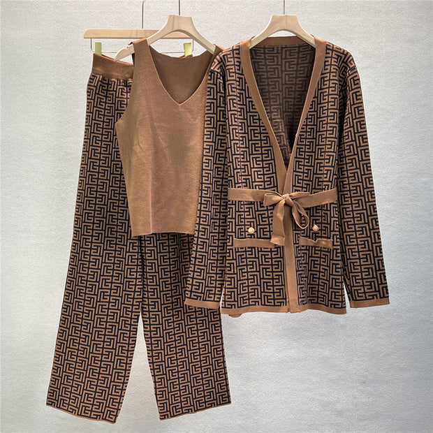 V-neck retro cardigan and trousers three-piece set